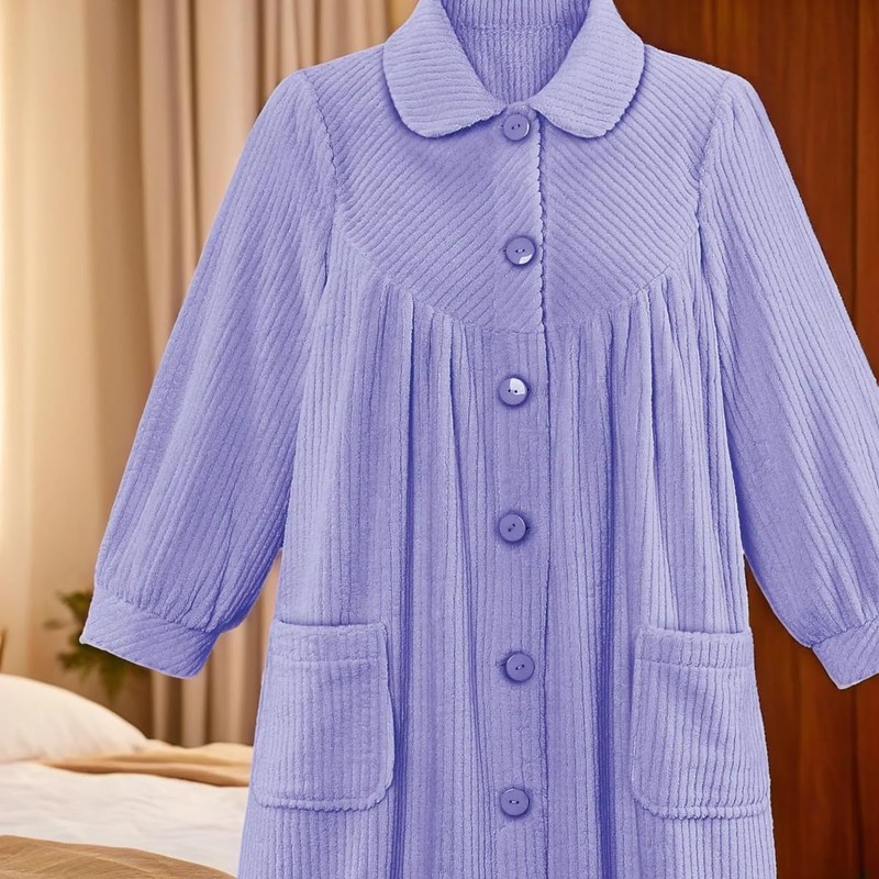 Collections Etc Women's Plush Fleece Button Front Robe with Pockets,