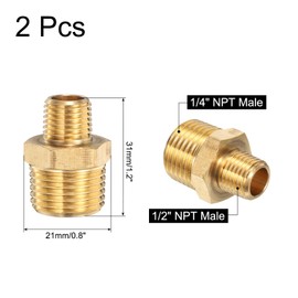 sourcing map 2pcs Hex Nipple Brass Pipe Fitting, 1/4 NPT Male x 1/2 NPT Male Threaded Pipe Adapter Pipe Connector with PTFE Tape, Gold Tone