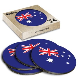 4 x Round Coasters - Australian Flag Australia Sydney Perth Cork Backed MDF Glossy Tea Coffee Accessory #56531