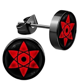 CHICNET Stainless Steel Stud Earrings Black 8 mm Red Sharingan Eye Anime Manga Ear Jewellery Surgical Steel Unisex Men Women Men