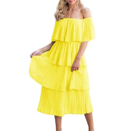 ETCYY Women's Off The Shoulder Ruffles Summer Wedding Guest Loose Casual Chiffon Long Party Beach Maxi Dress(S.Bright Yellow)