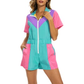 Yisfri Women 80's 90's Retro One Piece Zipper Jumpsuit Theme Party Outfits Windbreaker Rompers Tracksuit (Cyan, S)