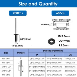 smseace 260pcs 1/8" x 3/8" Black Pop Rivets with 304 Stainless Steel Washers Assortment Kit 3.2 x 10mm Black Blind Rivets Packed in Plastic Box