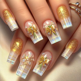 BABALAL Press on Nails Medium Square Fake Nails Gold Glitter Shine Acrylic Nails Bow Design Glue on Nails 24Pcs Glossy Manicure Stick on Nails Supplies Squoval Manicure Gel Nails Art