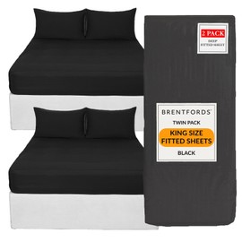 Brentfords Kingsize Fitted Bed Sheets Extra Deep 2 Pack, Microfibre Bedsheet Easy Care Ultra Soft Fade Resistant King Fitted Sheets Cover Bed Linen Sheets, Black Twin Pack