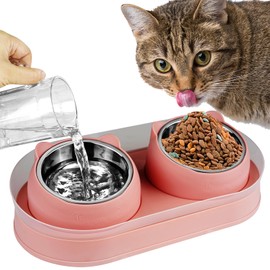 KEVIDEAWL Elevated Cat Food Bowls, Raised Cat Bowl with Stand Stainless Steel, Tilted Bowls Anti Vomiting, Double Cats Food and Water Bowl Set for Cats (Pink)