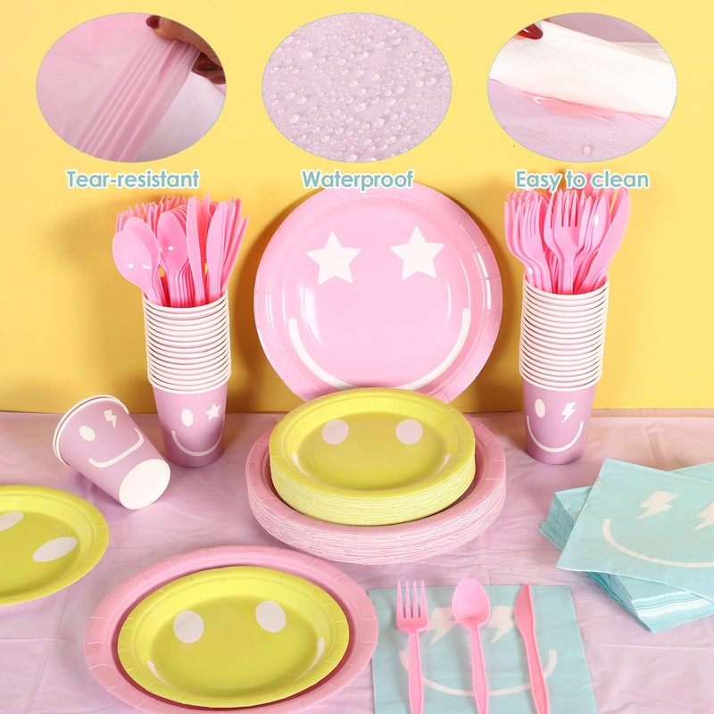 Kochorie 254 Pcs Preppy Smile Face Party Supplies Pastel Tableware