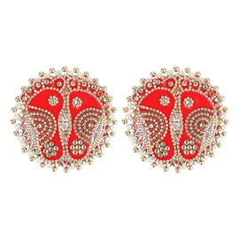 Set of 2 Auspicious Round Laxmi Charan Paduka Feet Sticker for Bandanwar for Handcrafted Valance Showpiece for Home Temple Indian Traditional New Year Pooja Decoration Home Decor(Size:-3")(Red)