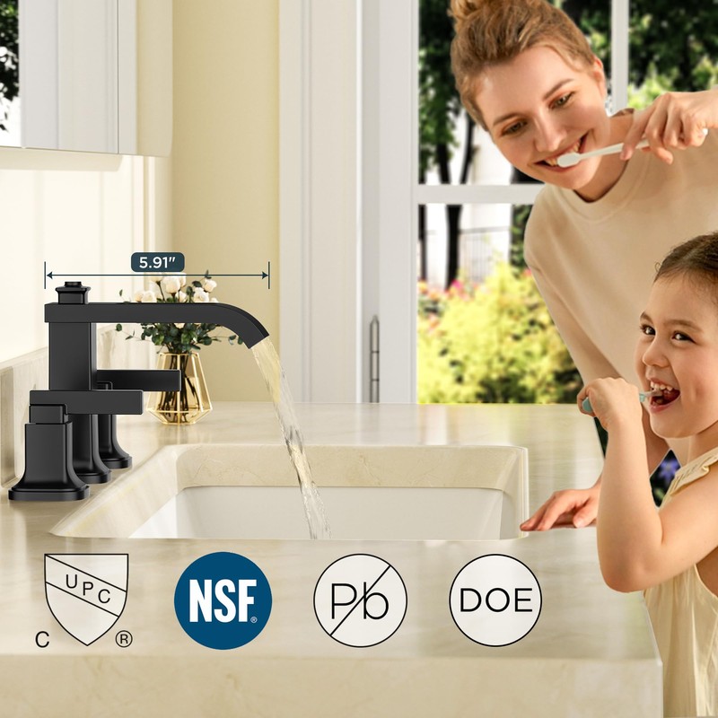 FORIOUS 3 Hole Bathroom Vanity Sink Faucet,Matte Black Waterfall Widespread