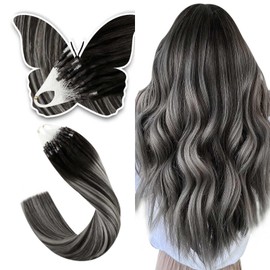 Easyouth Hair Extensions Micro Link Ombre Natural Black Fading to Grey Silver Micro Loop Human Hair Extensions Balayage Micro Beads Hair Extensions Human Hair 16Inch 50g/50s