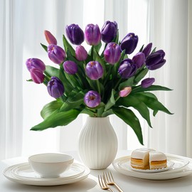 Bailikang 20PCS Fake Tulips Artificial Tulip Silk Flowers Fake PU Bouquet Artificial Flowers Faux Flowers with Gift Box Soft Faux Tulips Bouquets Arrangements for Party Wedding Home