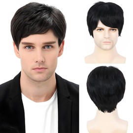 BECUS Human Hair Wig Men Wigs Human Hair Black Wig with Bangs Short Wigs for Men Male Straight Realistic with Free Cap (Natural Black)