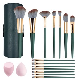 Makeup Brushes, 14 Pcs Makeup Brush Set with 2 Beauty Blenders, Travel Makeup Brush Set for Foundation, Concealer, Blush and Eyeshadow Brush(Green)