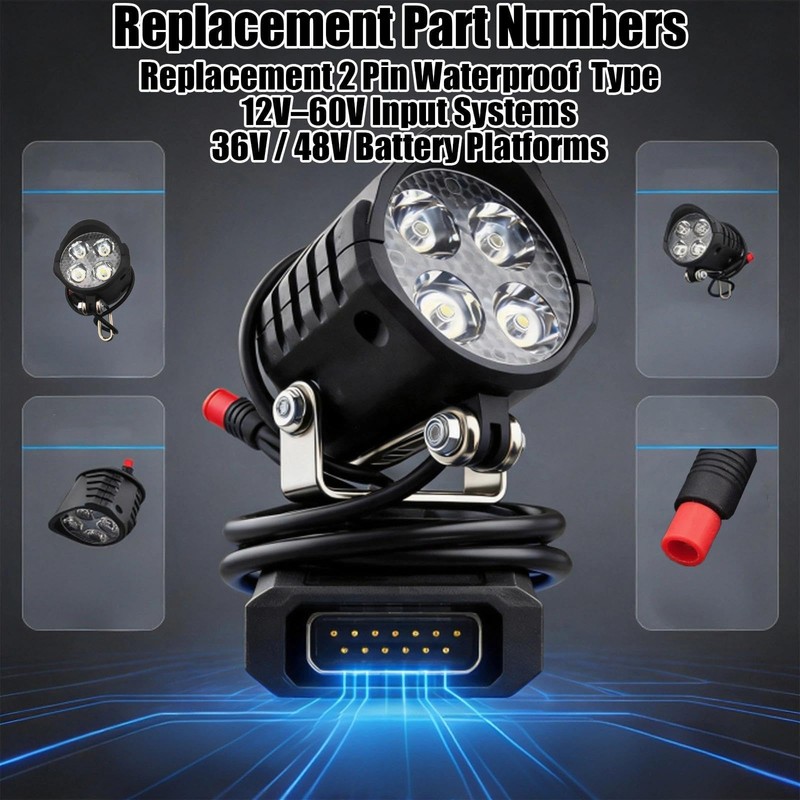 2PCS 36V 48V Ebike Headlights with 2-Pin Connectors Fit for