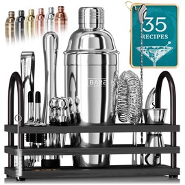 BARE BARREL® Mixology Bartender Kit Bar Set | 14-Piece Cocktail Shaker Set | Martini Barware Mixing Tools for Home Bartending | 35 Recipe Cards | Gift Set (24oz Cobbler Shaker, Silver/Black)