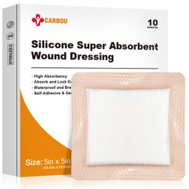 Carbou Silicone Super Absorbent Wound Dressing 5"x 5", 10 Individual Pack, Self-Adhesive Waterproof Bandage, Soft Highly Absorbent Dressing for Wound Care, Burns, Bedsores, Traumas & Surgical Wounds