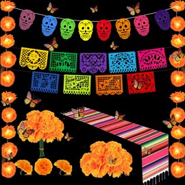 Golden Associate Dia de Los Muertos 2 Lighted Marigold Garlands, 30 Marigold, 24 Butterflies, Table Runner, 9 Papel Picado, 8 Skull Banners, Day of The Dead Decorations for Ofrenda Altar Decor