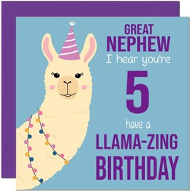 5th Great Nephew Llama Birthday Card - Llamazing - Funny Llama Great-Nephews Birthday Card for 5 Year old Kids five, fifth