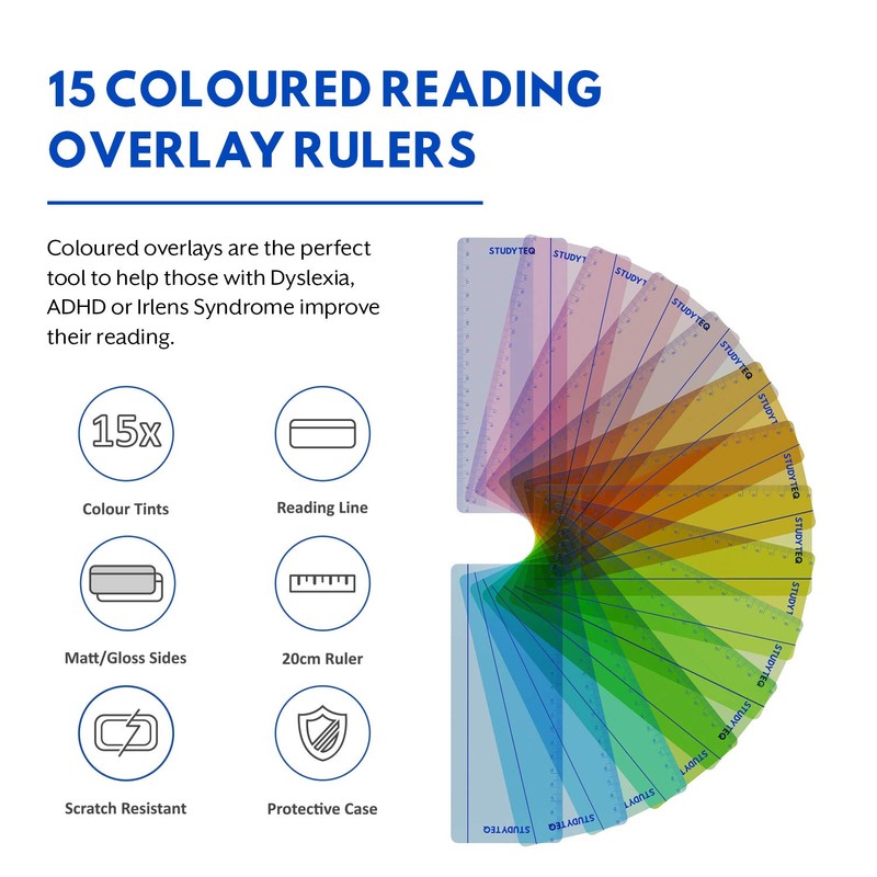 Studyteq 15 x Professional Dyslexia Coloured Reading Overlays And Rulers