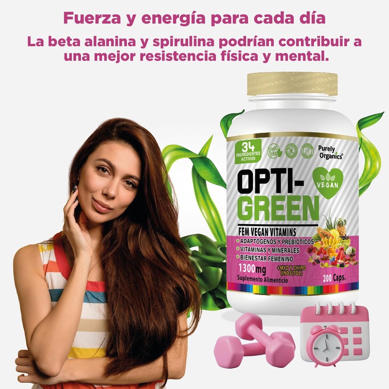 Opti-Green FemVegan Vitamins 200 Caps. Adaptogenos, Prebióticos, Vitaminas y Minerales