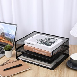 2 Pack Stackable Letter Tray, Wire Mesh Desk File Organizer Metal Desktop Paper Sorter Desk Tray Document Magazine Storage Basket for Home Office Supplies - Transverse Load, Black