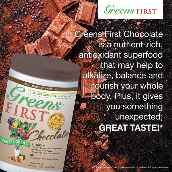 Greens First - Chocolate - Superfoods, Extracts & Concentrates, Nutrient Rich Antioxidant Power of 15+ Servings of Fruits - 14.37 Ounce 30 Servings