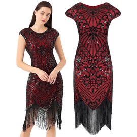WILDPARTY 1920S Women's Flapper Dress Sequin Fringed Dress Roaring 20s Cocktail Dress (BlackRed-L)