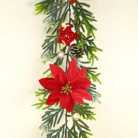 Juegoal 2 Pack Christmas Garland, 9' Pre-lit Artificial Xmas Flocked Garlands, Lighted Poinsettia Spruce Timer & Battery Operated with Lights, Garden Home Winter New Year decor, Geen, Red (YO-TTSZ-2)