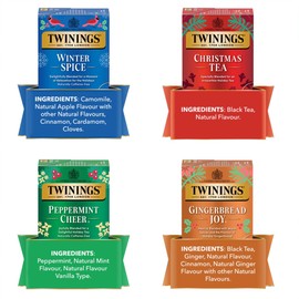 Twinings Tea Holiday Variety 4-Pack – Caffeinated Christmas Tea and Gingerbread Joy, Naturally Caffeine-Free Peppermint Cheer and Winter Spice Tea Bags, 20 Count Each