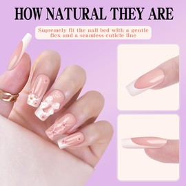 Long Press on Nails White French Tip Long Fake Nails Coffin Press on Nails Square False Nails with Flower&Bow Charm Designs Long Nails Press on Artificial Nails Stick on Nails For Women Girls 24Pcs