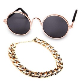 Cat Sunglasses Gold Chain Straw Hat Tie Classic Retro Hobby Present Pet Cat Puppy Medium Size Puppy Birthday Cosplay Party Weekend (Sunglasses + Gold Chain Color)
