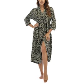 Women Kimono Robes Lightweight Cotton Long Robe Knit Bathrobe Soft Sleepwear V-Neck Loungewear for Women S-XXL (leopard Khaki, Small, s)