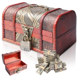PORFOYO Vintage Wooden Treasure Chest, Wooden Treasure Chest with Lock, Treasure Chest with Combination Lock, Wooden Treasure Chest with Lock (19.7 x 11.5 x 11.5 cm)