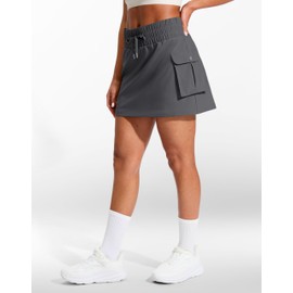 SANTINY 14" Cargo Skorts for Women with 4 Pockets Drawstring High Waisted Golf Hiking Skirt for Casual Summer Travel (Steel Grey_XL)