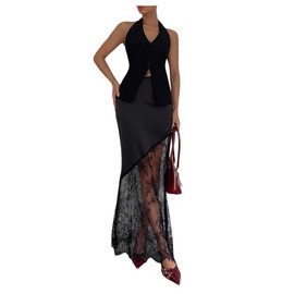 Verdusa Women's Satin Lace Maxi Skirt Ruched High Waist Long Skirt Black Small