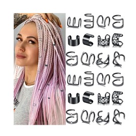 NAISKA 24 piezas de joyería para el cabello negro para trenzas con accesorios de diamantes de imitación: puños y clips de metal sin perforaciones para las orejas para mujeres y hombres.