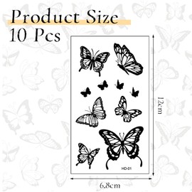 10 Blätter Temporäre Tattoos,Schwarz Schmetterling Temporäre Tätowierung,Wasserdicht Klebetattoos Erwachsene,Temporary Tattoo Aufkleber Haut,Realistisch Schmetterling Tattoo Sticke,für Damen Männer
