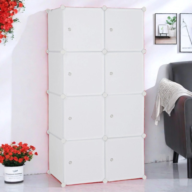 4-Tier Closet Storage Cabinet - White, 8-Cube, Hanging Rod &