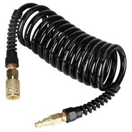 Keepro Polyurethane Recoil Air Hose, 1/4 Inch ID By 10 Feet Long Air Compressor Hose with 1/4" Repairable Solid Brass Industrial Quick Coupler and Plug, 150 PSI Maximum Pressure, Black