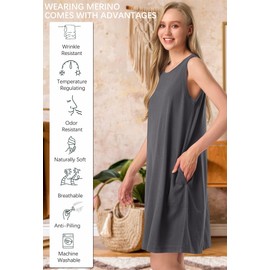 SIORO 100% Merino Wool Women's Sleeveless Dress Casual Solid Tank Dress for Women Knee-Length Summer Dresses with Pockets Smoke Gray