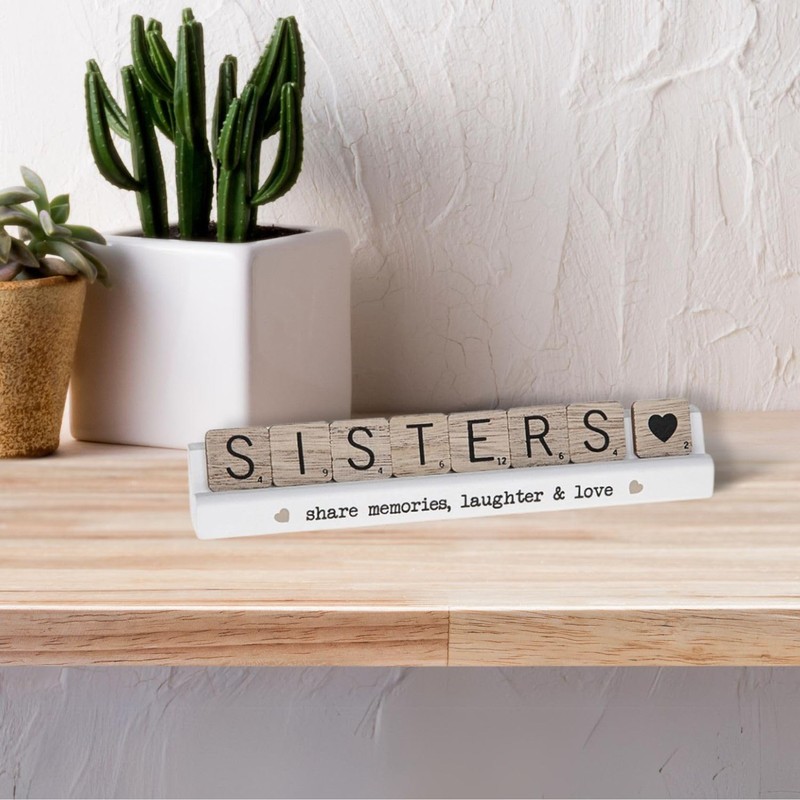 Scrabble Sentiments Sisters Share Everything Wooden Scrabble Table Plaque Gift