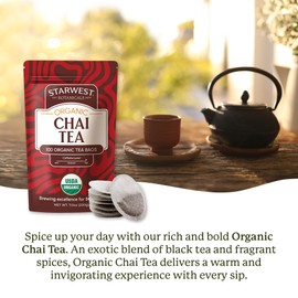Starwest Botanicals Organic Chai Tea - Caffeinated Herbal Blend with Black Tea & Cinnamon, String Free Sachets, USDA Organic, Non GMO - Bulk Pack, 100 Tea Bags