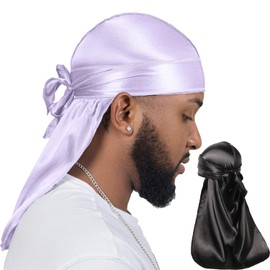ForceWave 2 Pieces Silky Durag Pack for Men Women Waves, Premium Satin Deluxe Du-rag (Black+Lilac)