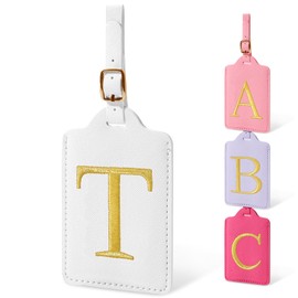 Initial Letter Luggage Tag - Waterproof PU Leather Travel Luggage Tag, Cute Luggage Bag with Monogrammed Name Tag, Bag Tags for Handbags (White)