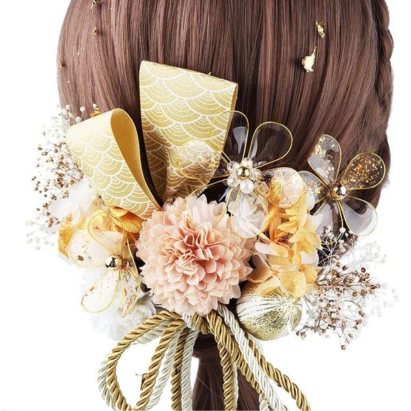 Nounouqi [Set of 15] Gold Foil Hair Ornaments, Dry Flowers, String Arrangement, Rope Arrangement, Crystal Flowers, Japanese Flowers, Water Ripple Webbing, Weddings, Hakama, Dry Flowers, Preserved