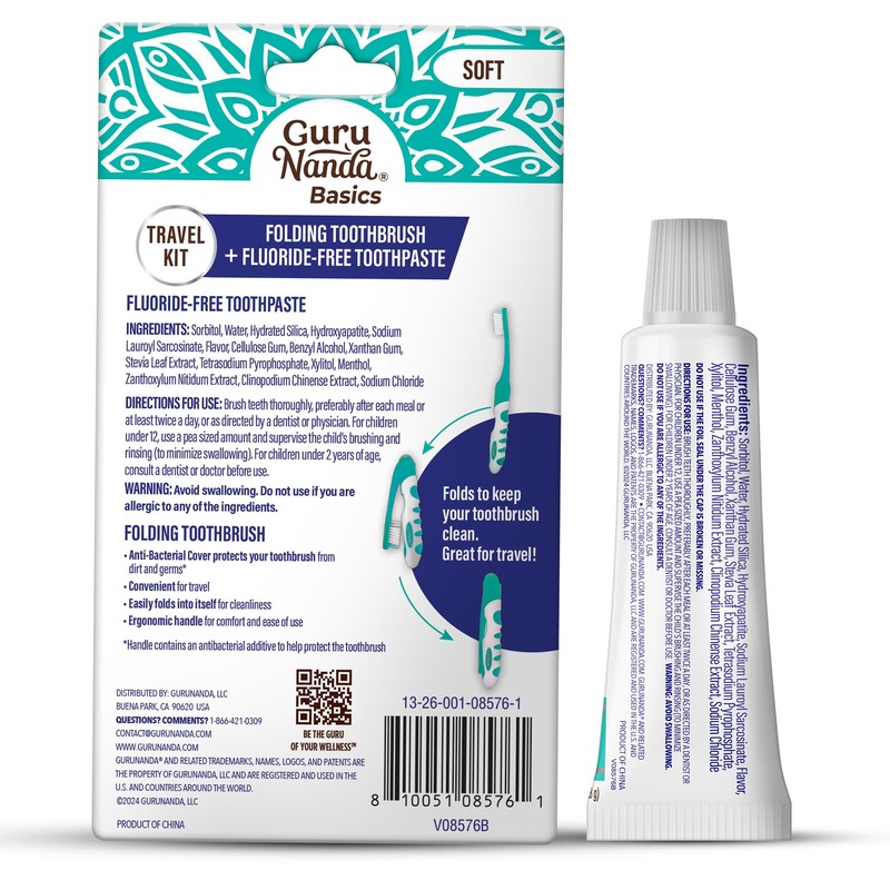GuruNanda Folding Toothbrush with Built-in Cover & Toothpaste with Hydroxyapatite,