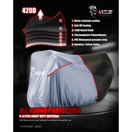 MZS Motorcycle Cover Waterproof Outdoor, Heavy Duty All Season Weather Sun Protection with Storage Bag Vents Night Reflective Cotton Lining Lock Holes fits up to 86" Motorbikes Vehicle Covers