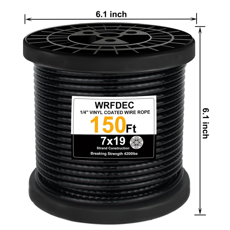 WRFDEC 150Ft 1/4" Black Vinyl Coated Wire Rope,7x19 Strand Aircraft