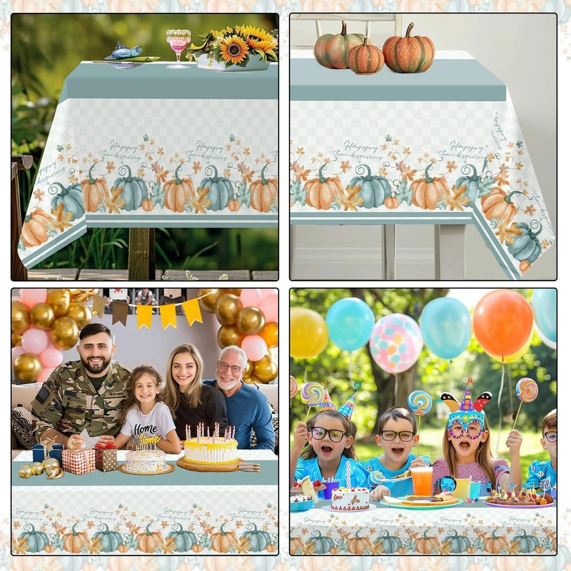 Thanksgiving Disposable Tablecloths,2 Pack Blue Pumpkin Maple Thanksgiving Plastic Table