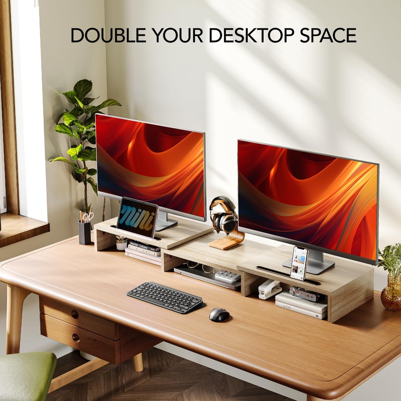 AMERIERGO Dual Monitor Stand Riser- 3 Shelf Screen Stand with